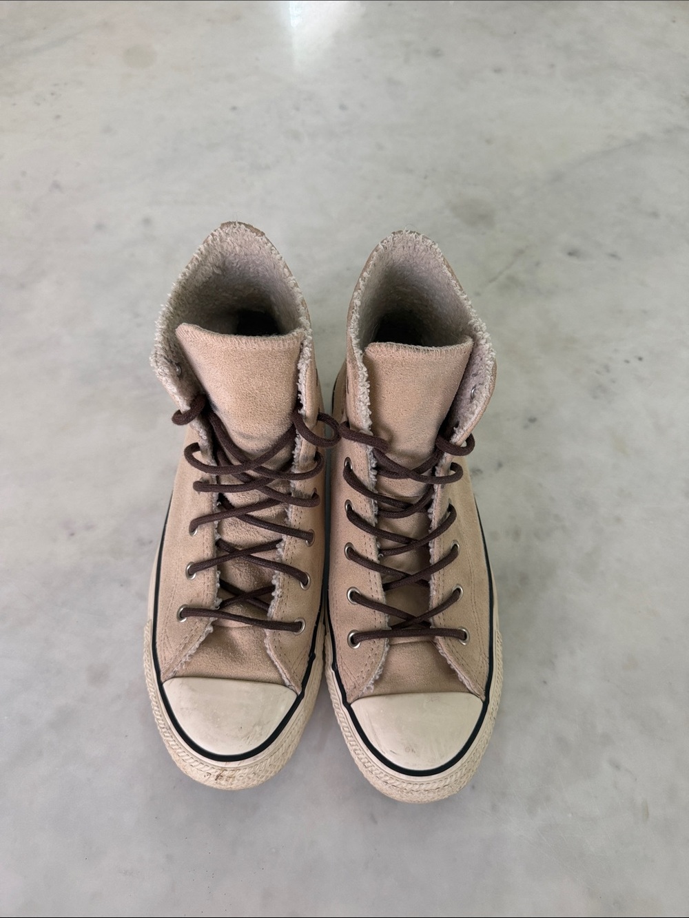 Special Edition Converse Suede, Plush Lining, Beige High-Tops with Brown Laces.